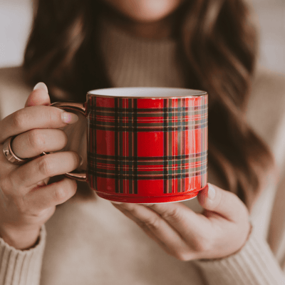 Red Plaid 14oz. Gold Handle Coffee Mug - Sweet Water Decor - Coffee Mugs