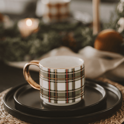 Green Plaid 14oz. Gold Handle Coffee Mug - Sweet Water Decor - Coffee Mugs