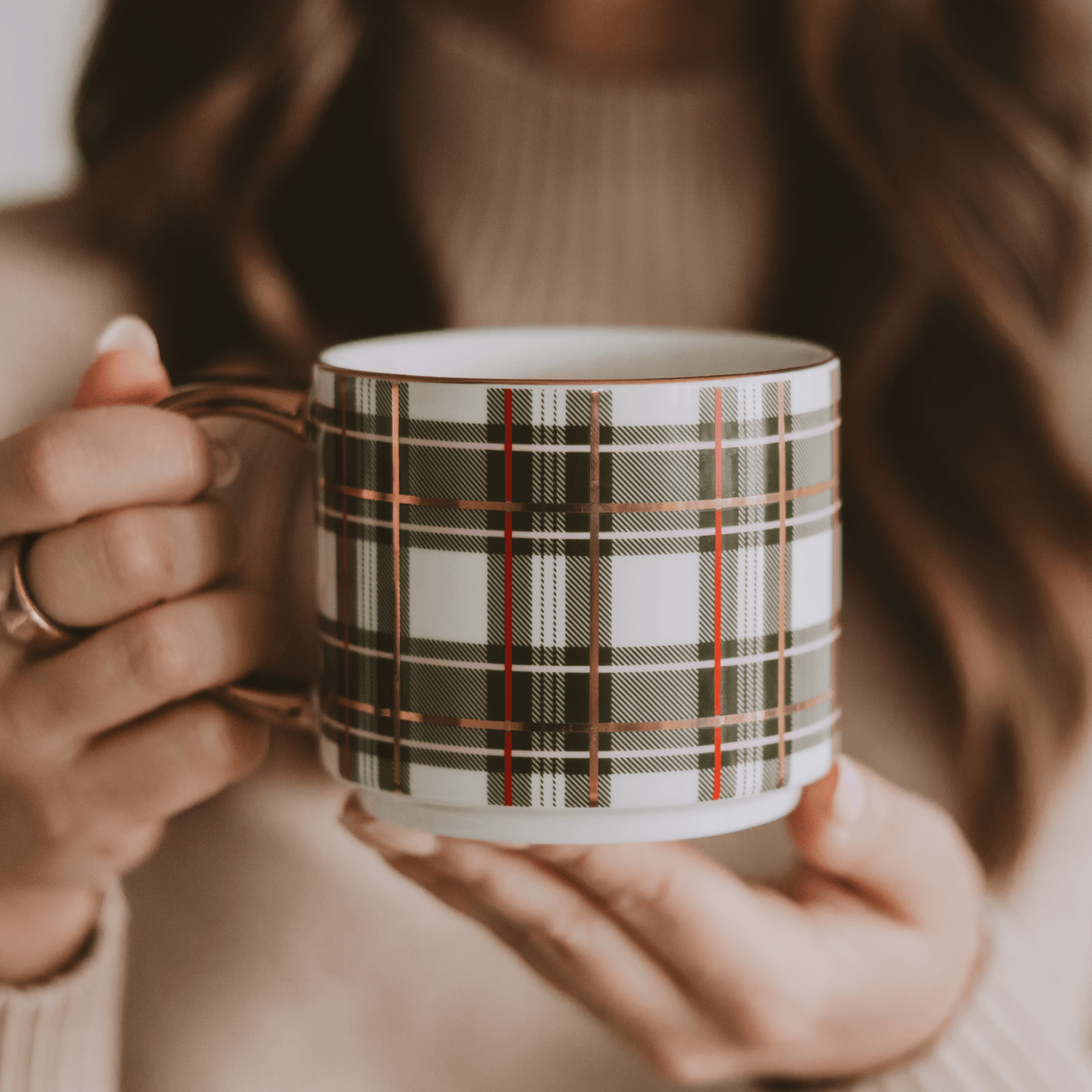 Green Plaid 14oz. Gold Handle Coffee Mug - Sweet Water Decor - Coffee Mugs