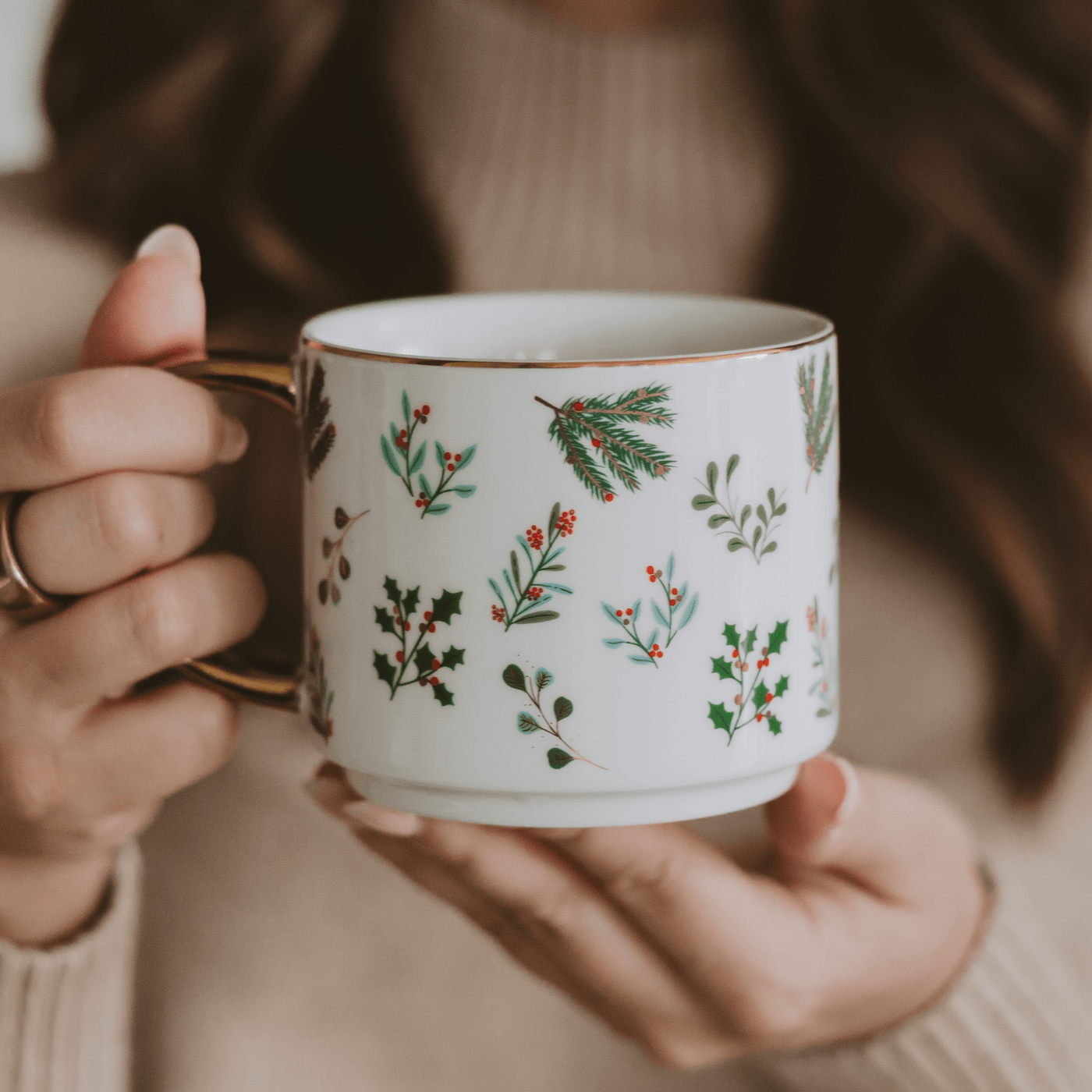 Holiday Greenery 14oz. Gold Handle Coffee Mug - Sweet Water Decor - Coffee Mugs