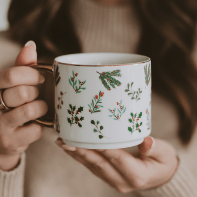 Holiday Greenery 14oz. Gold Handle Coffee Mug - Sweet Water Decor - Coffee Mugs