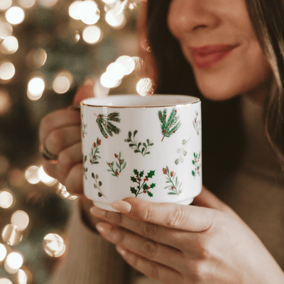 Holiday Greenery 14oz. Gold Handle Coffee Mug - Sweet Water Decor - Coffee Mugs