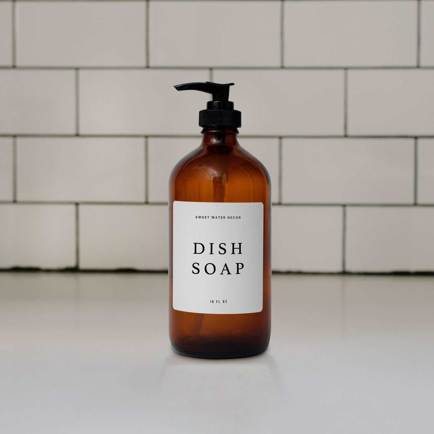 16oz Amber Glass Dish Soap Dispenser - White Text Label - Sweet Water Decor - Dispensers
