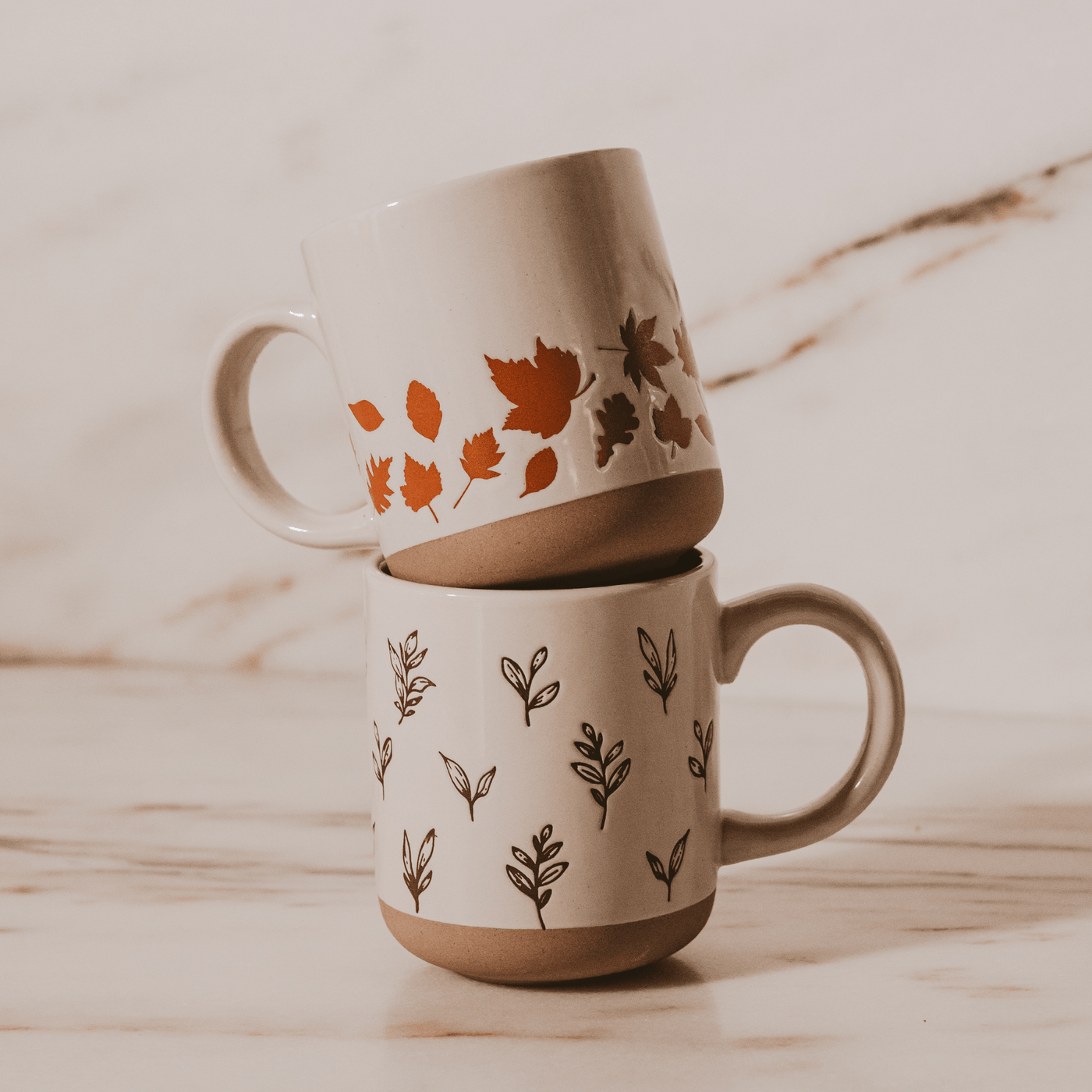 Orange Leaves 14oz. Cream Stoneware Coffee Mug - Sweet Water Decor - Coffee Mugs