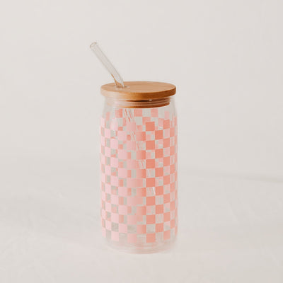Pink Checkered Can Glass - 17 oz - Sweet Water Decor - Can Glass