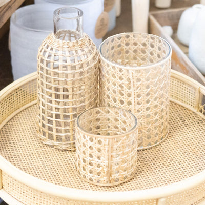 Cane Webbing and Glass Votive Short - Sweet Water Decor - Vases