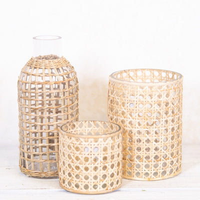 Cane Webbing and Glass Votive Short - Sweet Water Decor - Vases