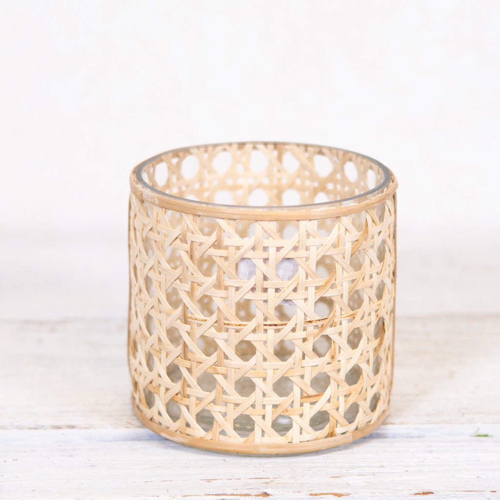 Cane Webbing and Glass Votive Short - Sweet Water Decor - Vases