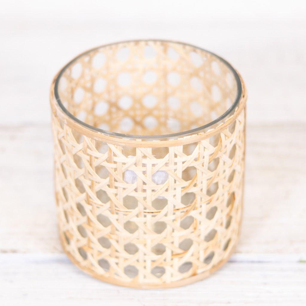 Cane Webbing and Glass Votive Short - Sweet Water Decor - Vases