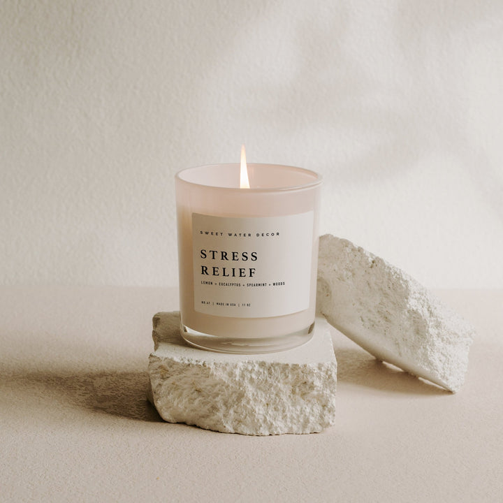 Stress Relief Soy Candle White Jar 11 oz Sweet Water Decor