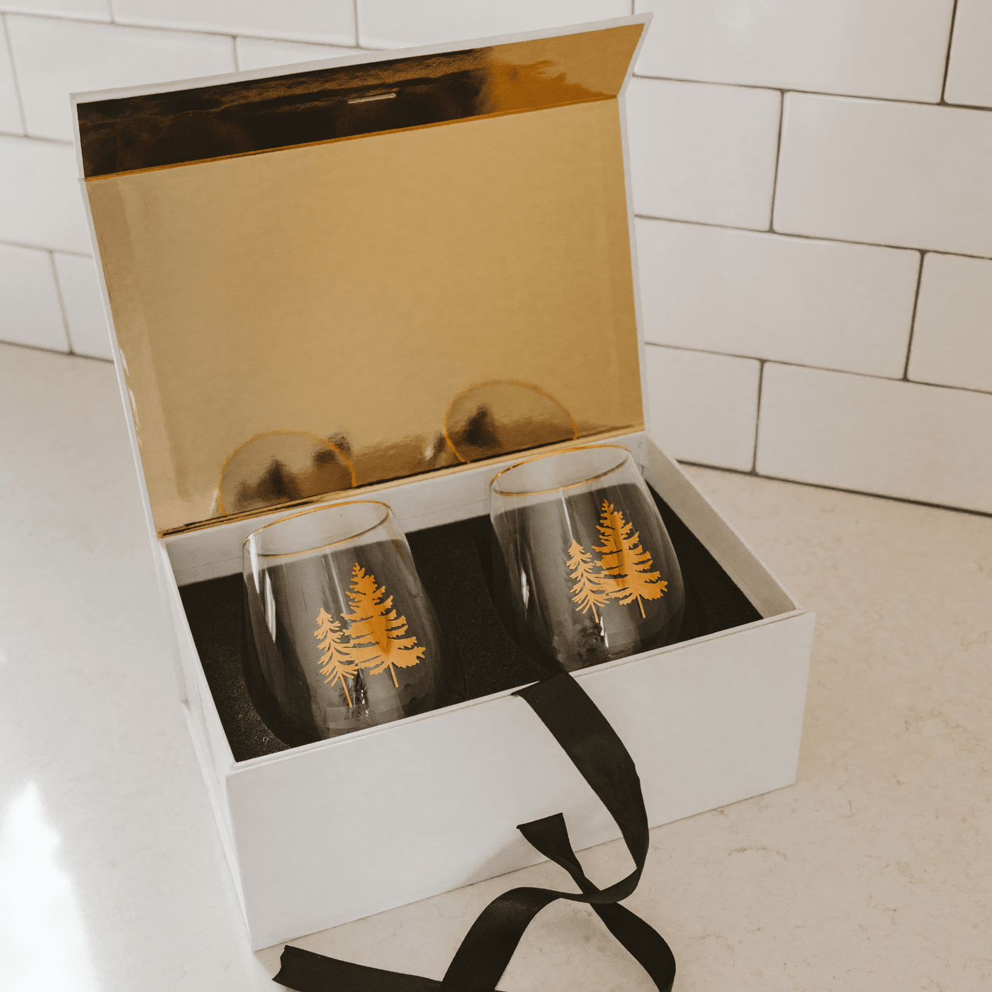 Trees Stemless Wine Glass - Boxed Set of 2 - Sweet Water Decor - wine glass boxed set