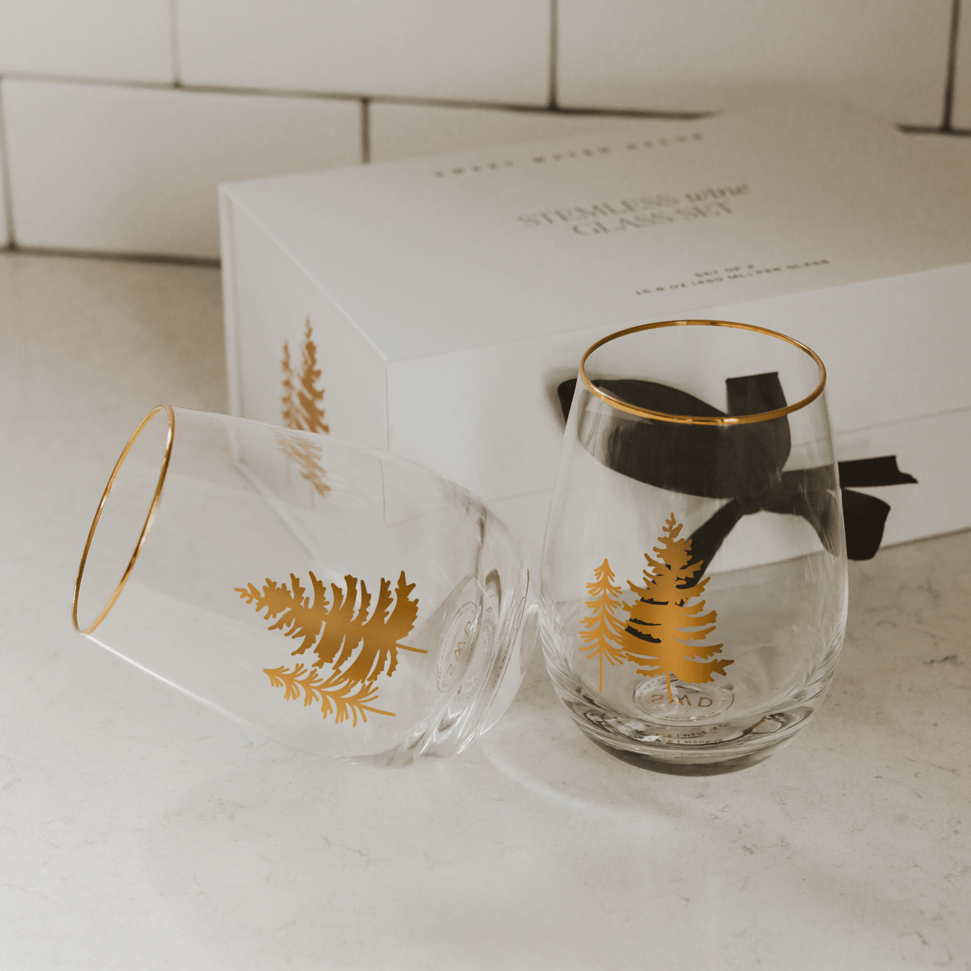 Trees Stemless Wine Glass - Boxed Set of 2 - Sweet Water Decor - wine glass boxed set
