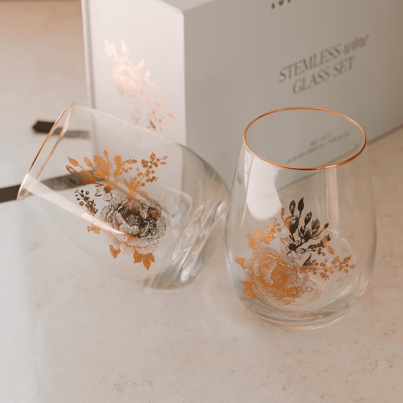 Delft Stemless Wine Glass - Boxed Set of 2 - Sweet Water Decor - wine glass boxed set
