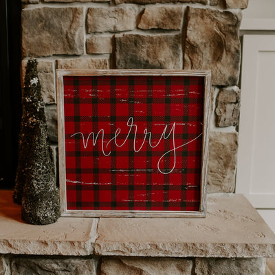 Merry Plaid Wood Sign 18x18" - Sweet Water Decor - Wood Signs