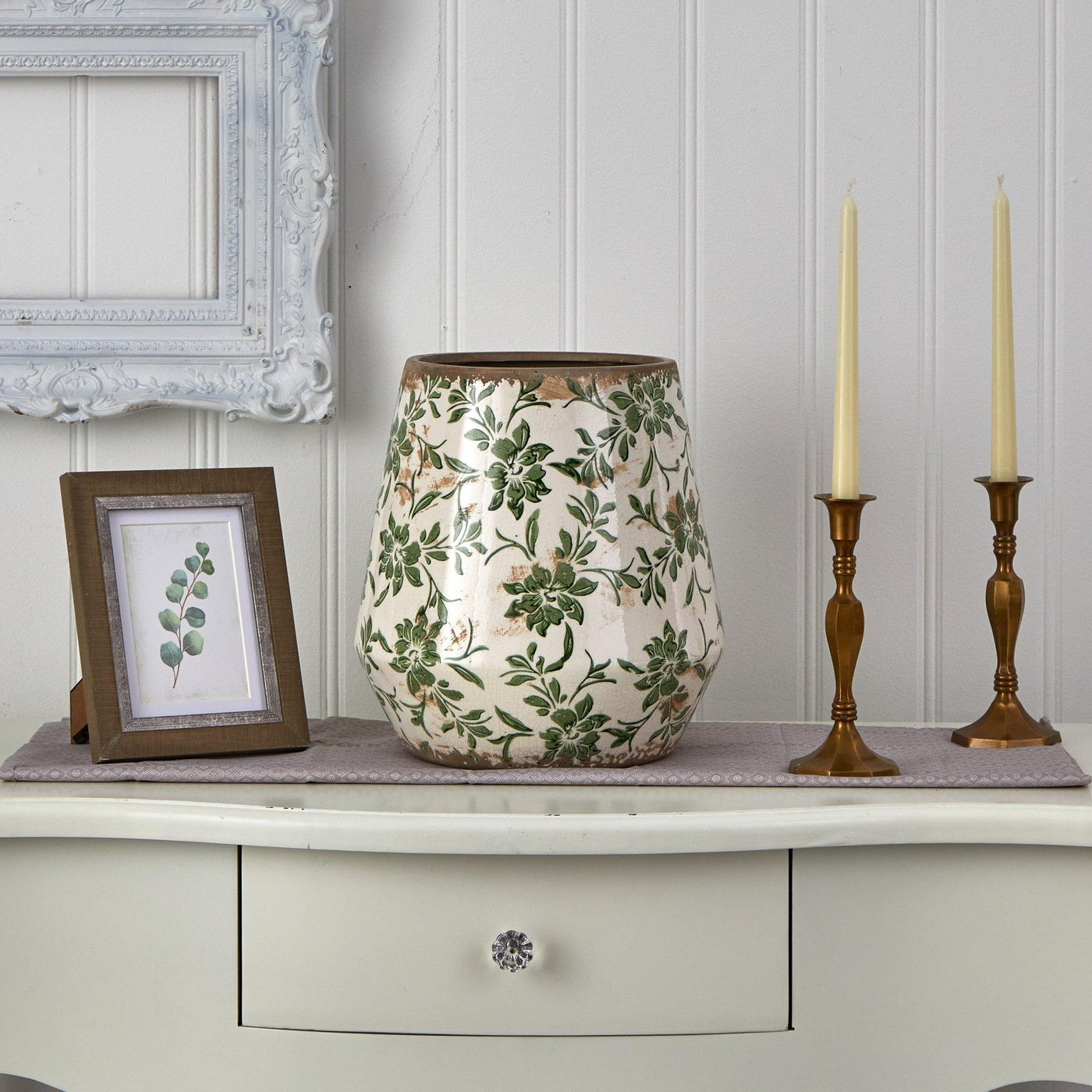 12” Tuscan Ceramic Green Scroll Planter - Sweet Water Decor - vase