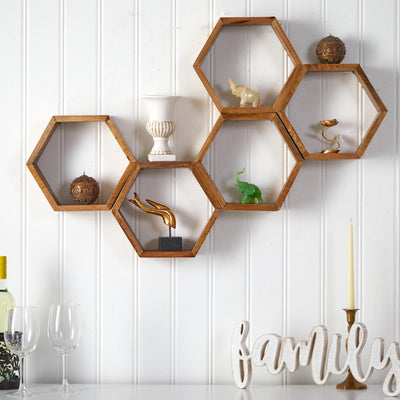 12” Wooden Hexagon Floating Honeycomb Shelve (Set of 5) - Sweet Water Decor - Shelf