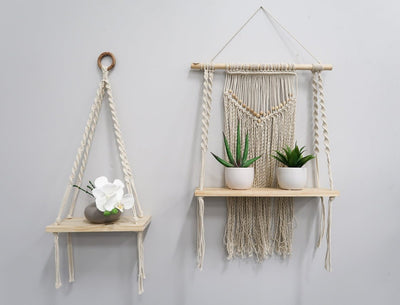 12” x 22” Hand Woven Macrame Wall Hanging with Wooden Shelf - Sweet Water Decor - Shelf