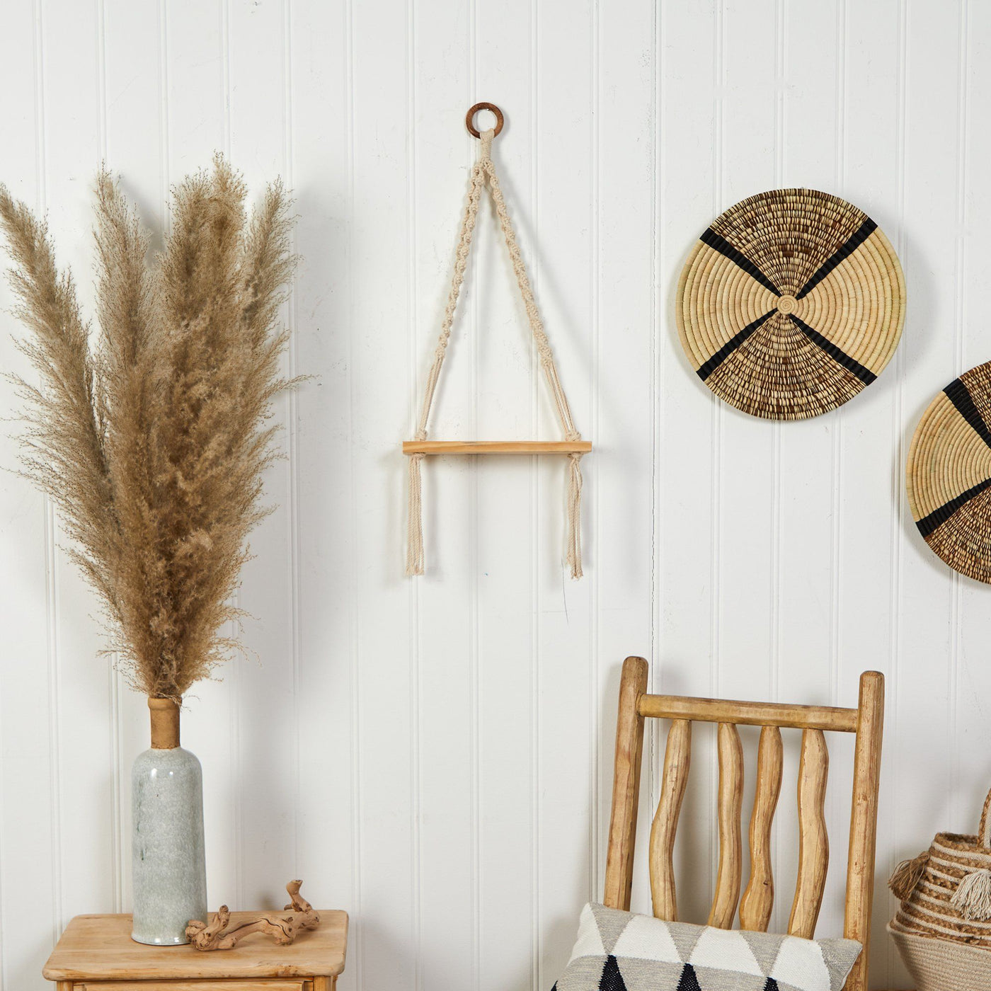 12” x 22” Hand Woven Macrame Wall Hanging with Wooden Shelf - Sweet Water Decor - Shelf