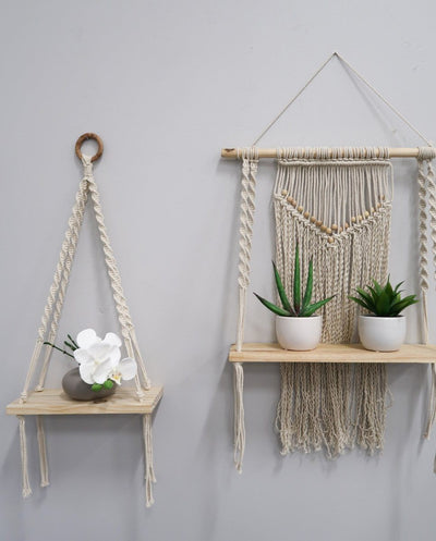 12” x 22” Hand Woven Macrame Wall Hanging with Wooden Shelf - Sweet Water Decor - Shelf