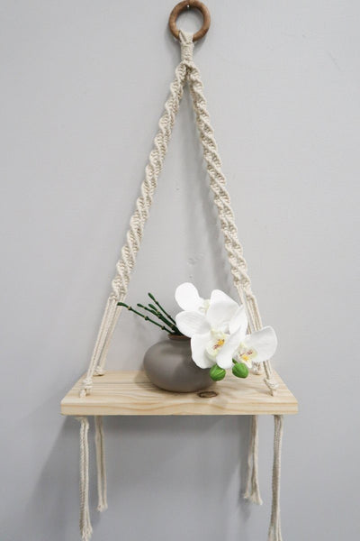 12” x 22” Hand Woven Macrame Wall Hanging with Wooden Shelf - Sweet Water Decor - Shelf