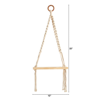 12” x 22” Hand Woven Macrame Wall Hanging with Wooden Shelf - Sweet Water Decor - Shelf