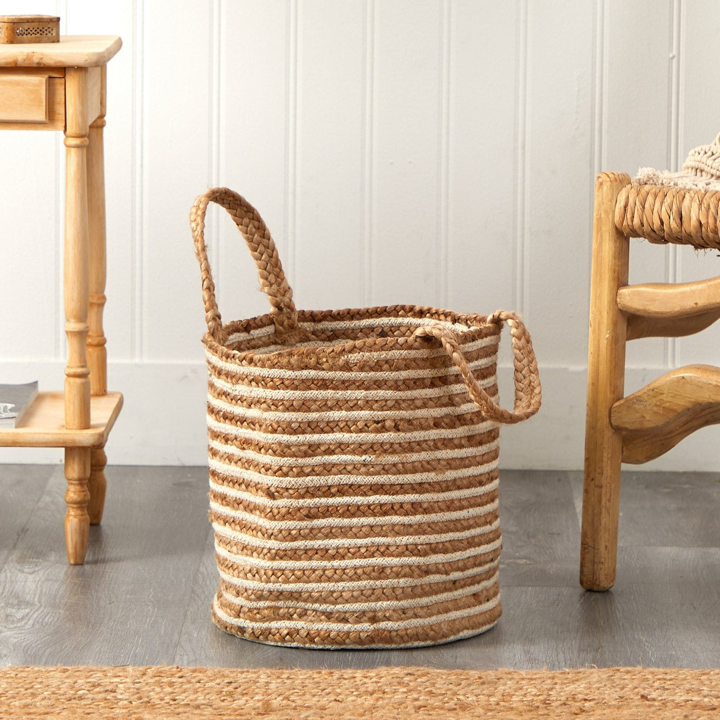 14” Boho Chic Basket Natural Cotton and Jute, Handwoven Stripe with Handles - Sweet Water Decor - basket
