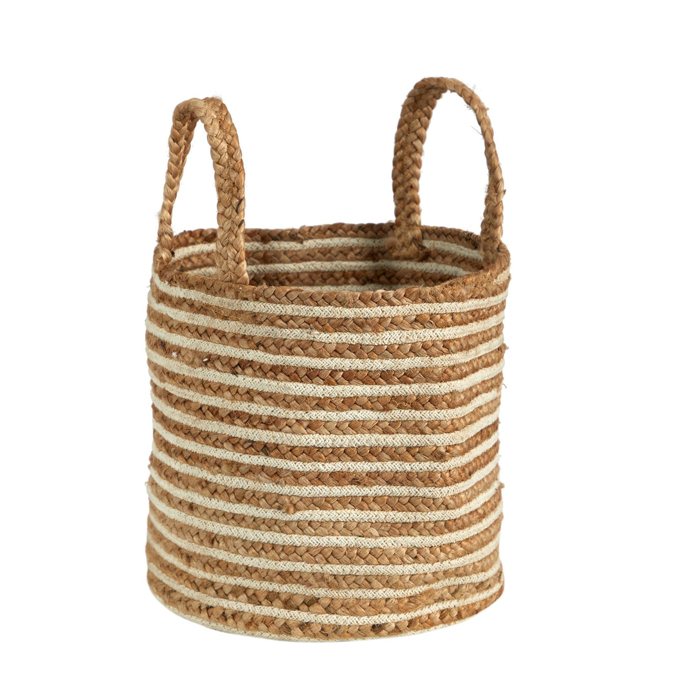 14” Boho Chic Basket Natural Cotton and Jute, Handwoven Stripe with Handles - Sweet Water Decor - basket