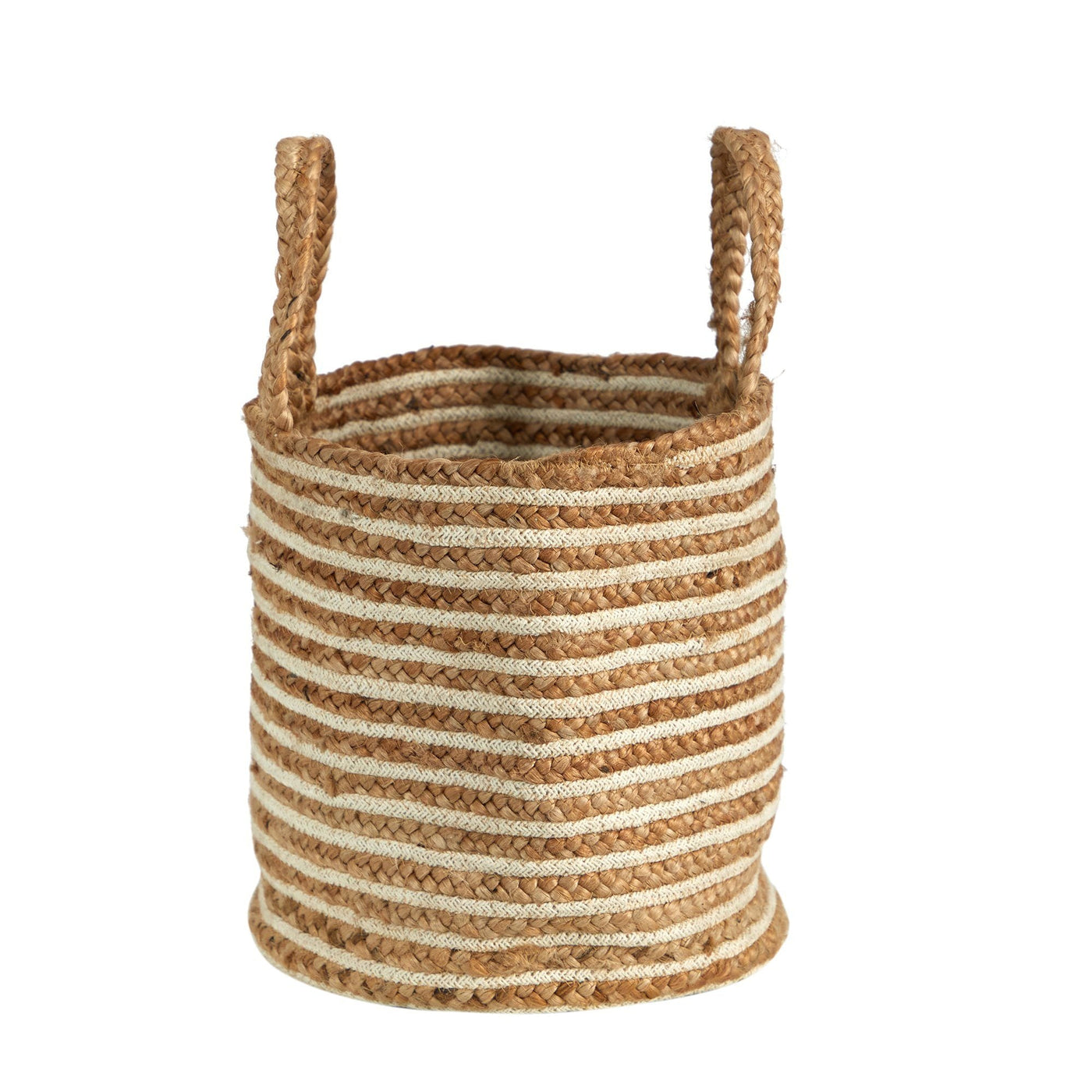 14” Boho Chic Basket Natural Cotton and Jute, Handwoven Stripe with Handles - Sweet Water Decor - basket