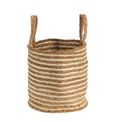 14” Boho Chic Basket Natural Cotton and Jute, Handwoven Stripe with Handles - Sweet Water Decor - basket