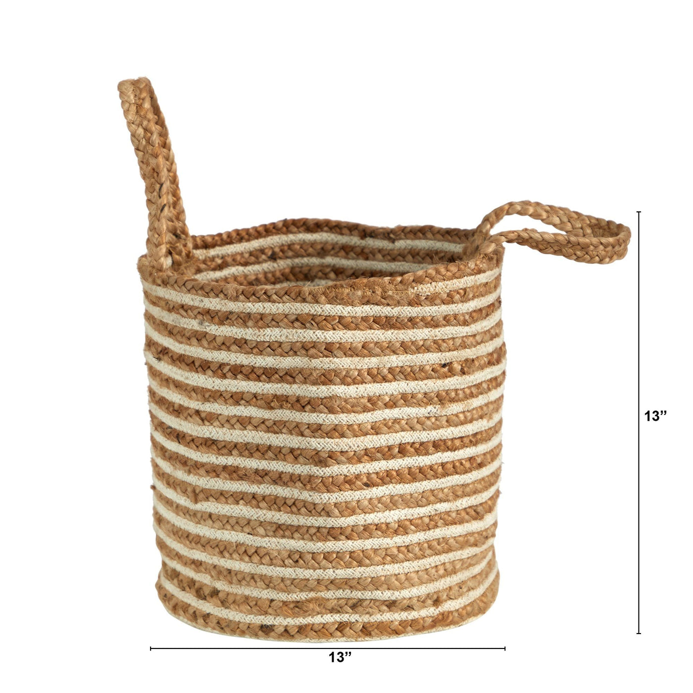 14” Boho Chic Basket Natural Cotton and Jute, Handwoven Stripe with Handles - Sweet Water Decor - basket
