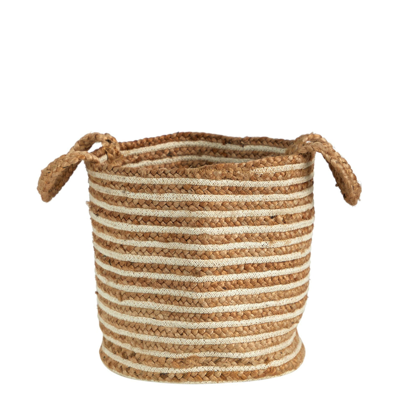 14” Boho Chic Basket Natural Cotton and Jute, Handwoven Stripe with Handles - Sweet Water Decor - basket