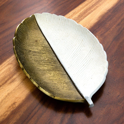 14" Gold and White Leaf Decorative Accent - Sweet Water Decor - tray
