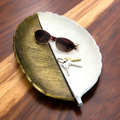 14" Gold and White Leaf Decorative Accent - Sweet Water Decor - tray