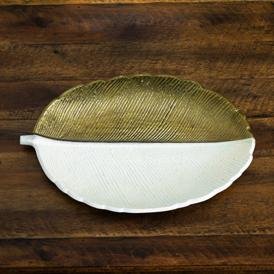 14" Gold and White Leaf Decorative Accent - Sweet Water Decor - tray