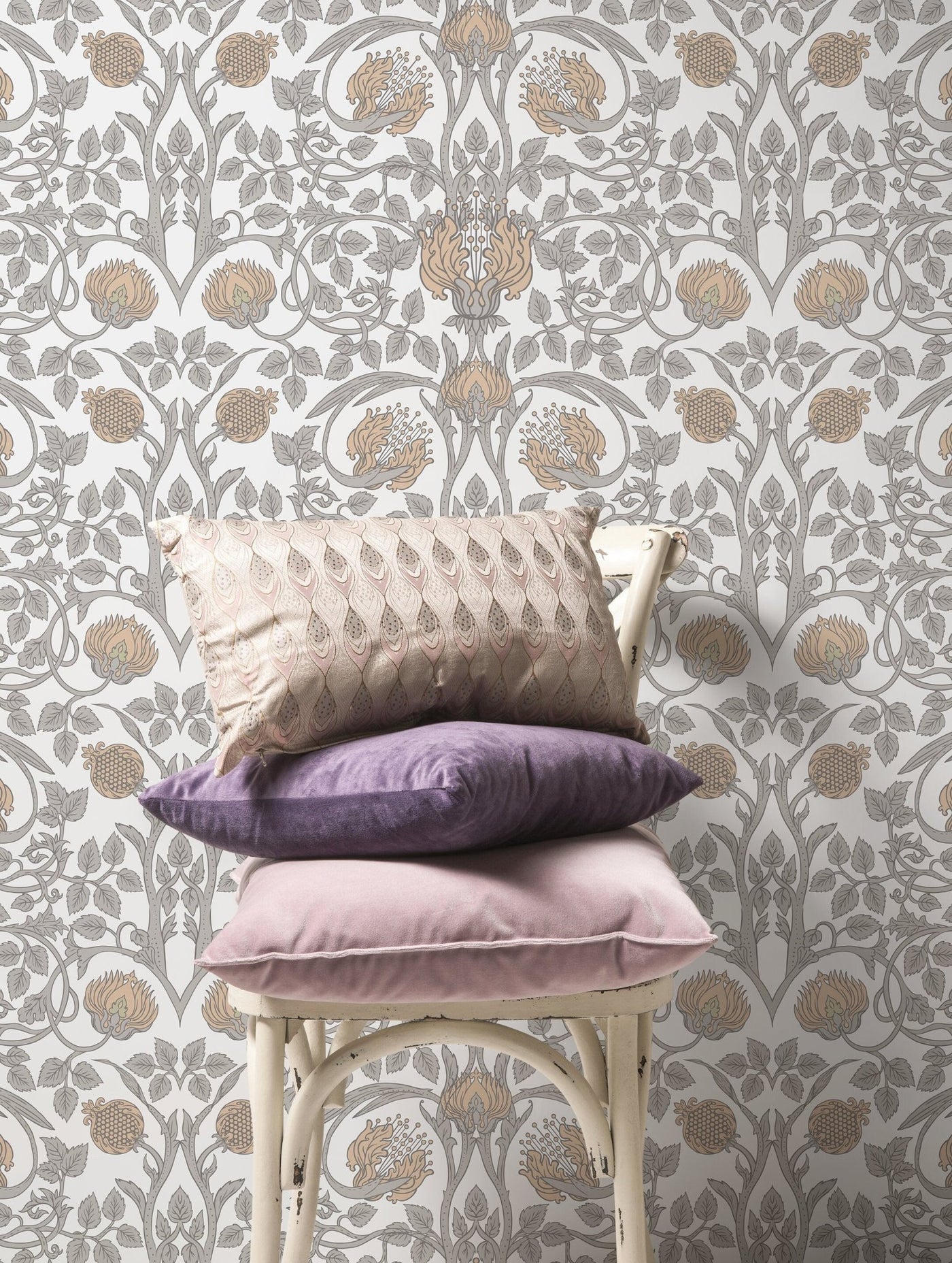 William Morris Wallpaper with a Pomegranate Motif in Beige, Tan, and Gray - D043 - Sweet Water Decor - Wallpaper