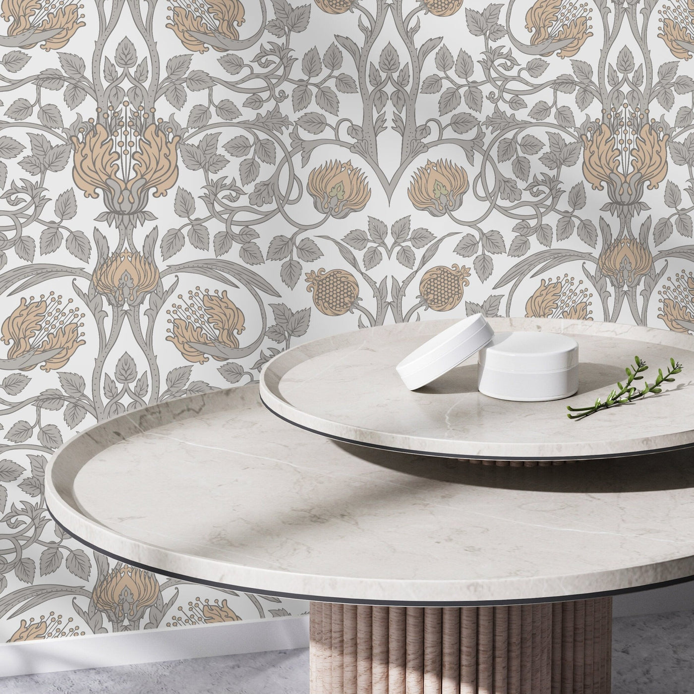 William Morris Wallpaper with a Pomegranate Motif in Beige, Tan, and Gray - D043 - Sweet Water Decor - Wallpaper