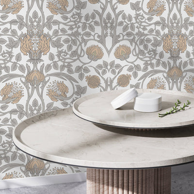 William Morris Wallpaper with a Pomegranate Motif in Beige, Tan, and Gray - D043 - Sweet Water Decor - Wallpaper