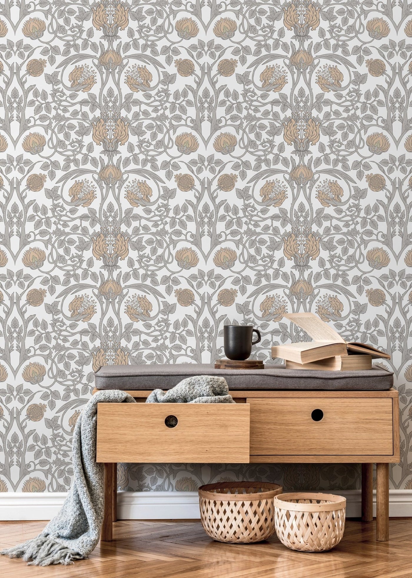 William Morris Wallpaper with a Pomegranate Motif in Beige, Tan, and Gray - D043 - Sweet Water Decor - Wallpaper