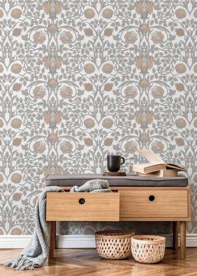 William Morris Wallpaper with a Pomegranate Motif in Beige, Tan, and Gray - D043 - Sweet Water Decor - Wallpaper