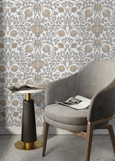 William Morris Wallpaper with a Pomegranate Motif in Beige, Tan, and Gray - D043 - Sweet Water Decor - Wallpaper