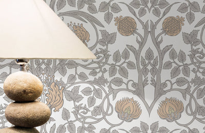William Morris Wallpaper with a Pomegranate Motif in Beige, Tan, and Gray - D043 - Sweet Water Decor - Wallpaper