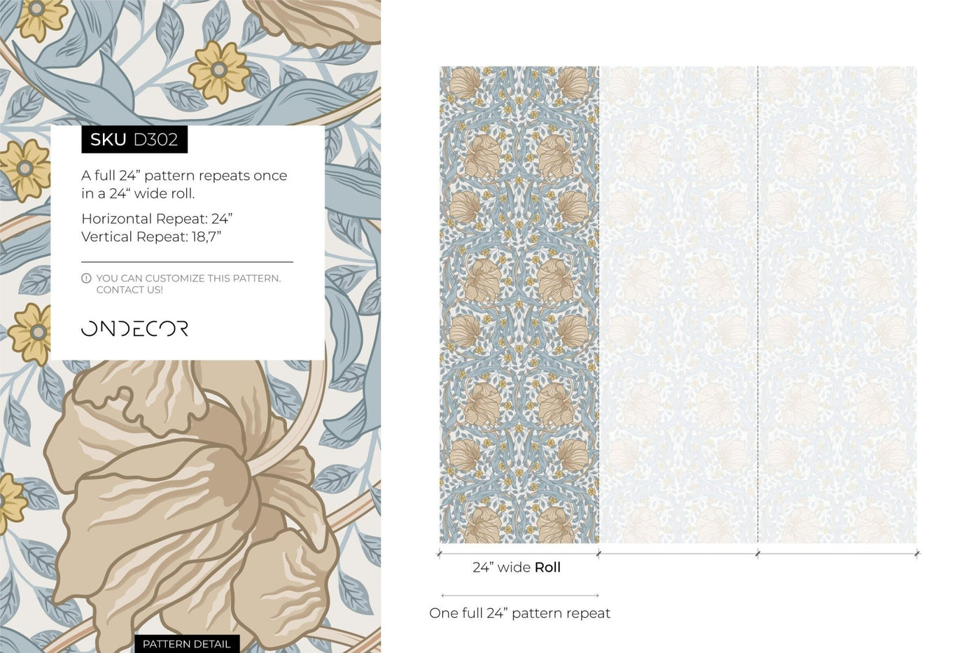 Floral Wallpaper with a William Morris Style in Blue, Beige, and Yellow - D302 - Sweet Water Decor - Wallpaper