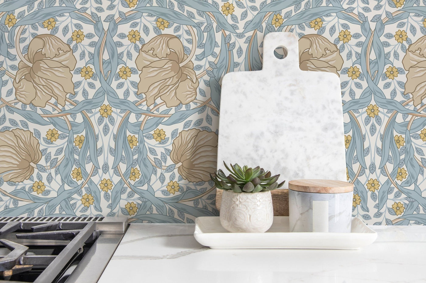 Floral Wallpaper with a William Morris Style in Blue, Beige, and Yellow - D302 - Sweet Water Decor - Wallpaper