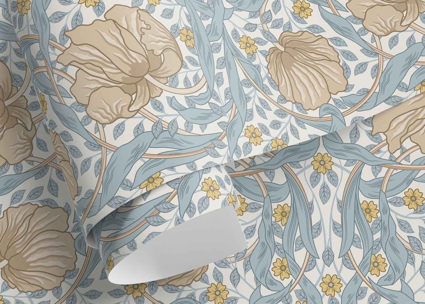 Floral Wallpaper with a William Morris Style in Blue, Beige, and Yellow - D302 - Sweet Water Decor - Wallpaper