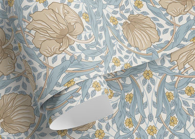 Floral Wallpaper with a William Morris Style in Blue, Beige, and Yellow - D302 - Sweet Water Decor - Wallpaper