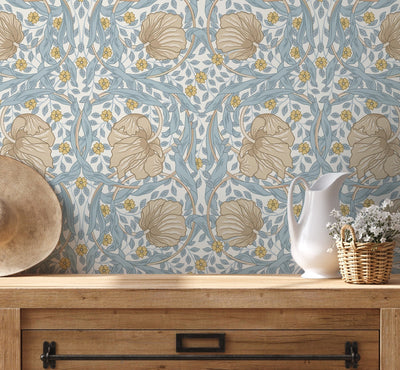 Floral Wallpaper with a William Morris Style in Blue, Beige, and Yellow - D302 - Sweet Water Decor - Wallpaper