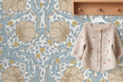 Floral Wallpaper with a William Morris Style in Blue, Beige, and Yellow - D302 - Sweet Water Decor - Wallpaper