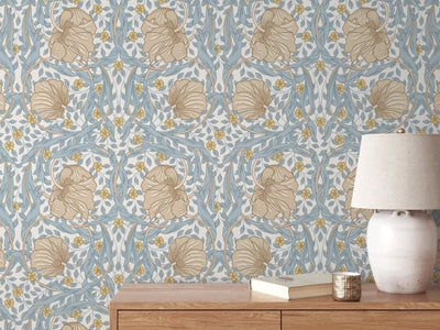 Floral Wallpaper with a William Morris Style in Blue, Beige, and Yellow - D302 - Sweet Water Decor - Wallpaper