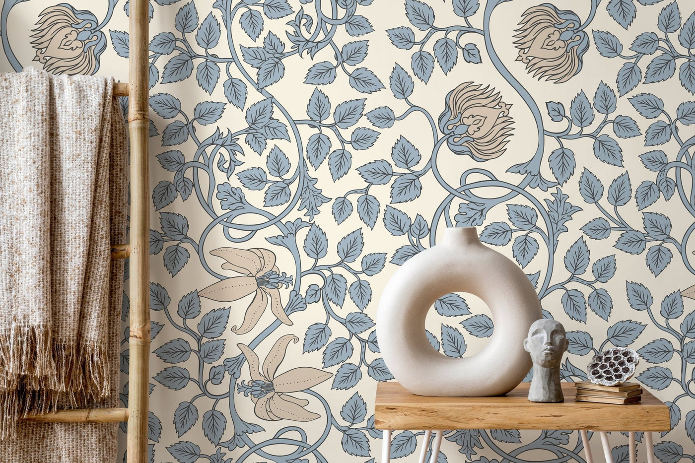 William Morris Wallpaper with Trailing Floral Vines in Light Blue and Beige - D506 - Sweet Water Decor - Wallpaper