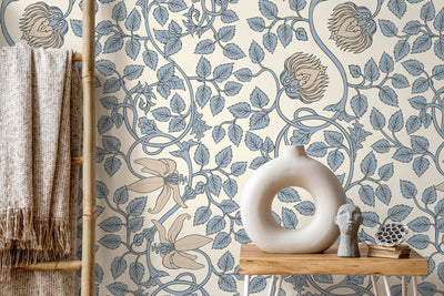 William Morris Wallpaper with Trailing Floral Vines in Light Blue and Beige - D506 - Sweet Water Decor - Wallpaper